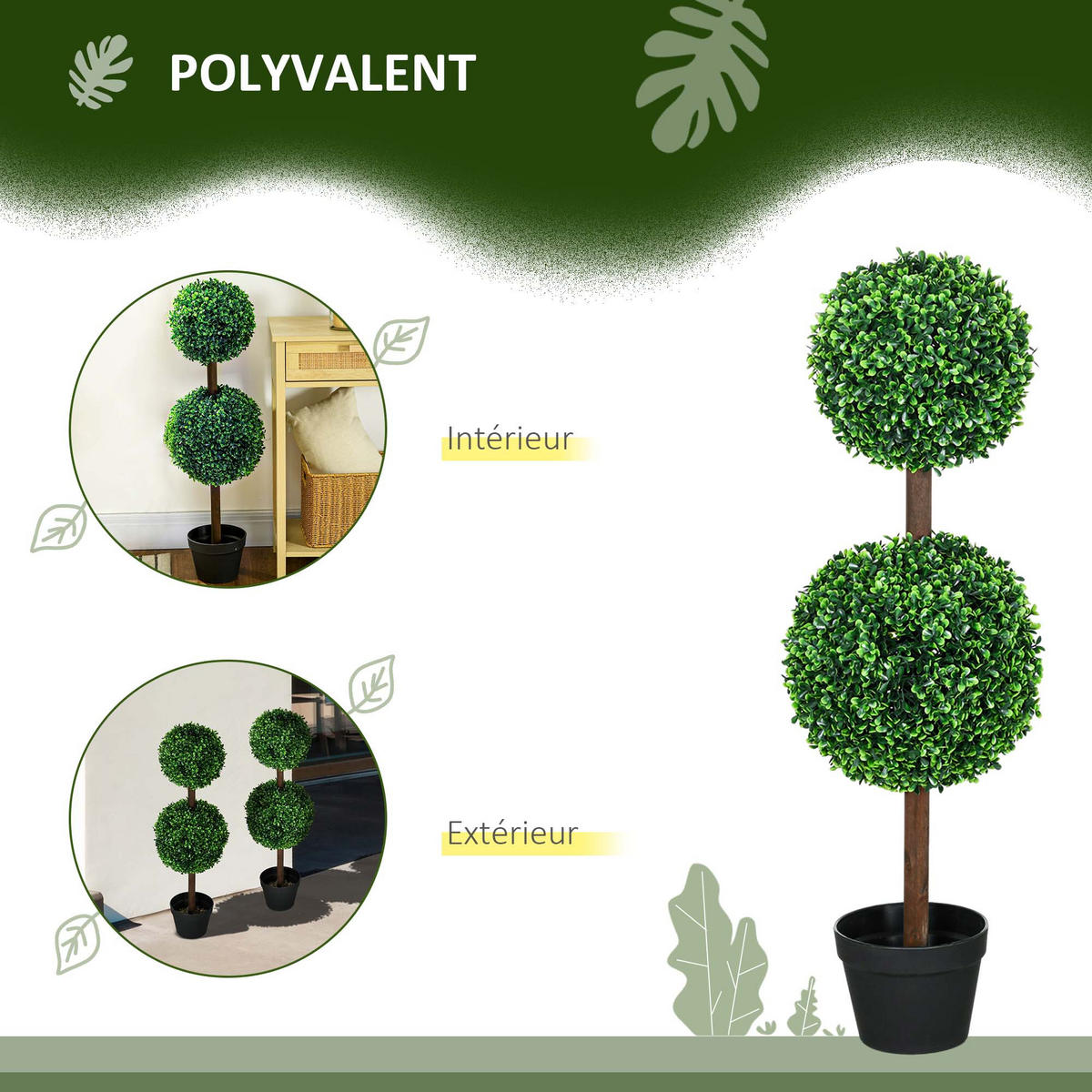 PFLANZENSET Grün Buxus-Doppelkugel realistisch mit Topf 90 cm (2er-Set) - Grün, Kunststoff (90cm) - PANGIVO