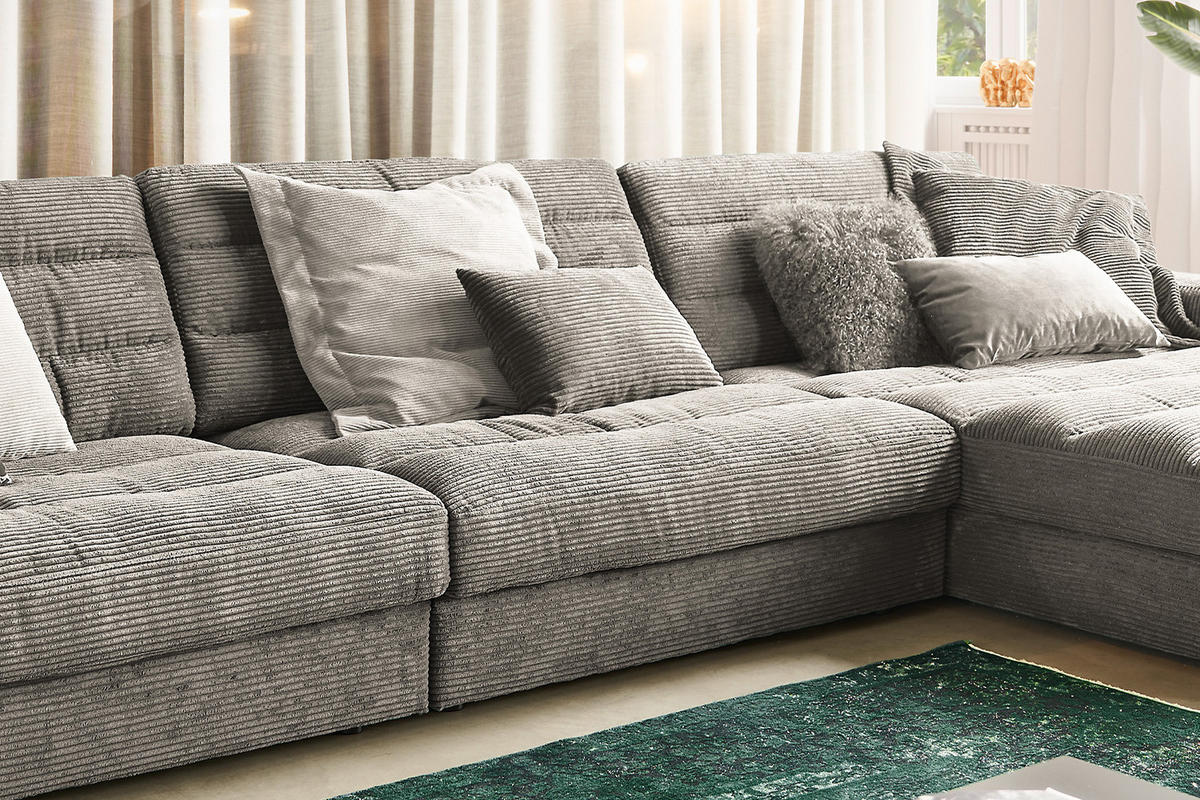 ECKSOFA XL LANA Steingrau Cord - Greige/Schwarz, Textil (416/205cm) - KAWOLA