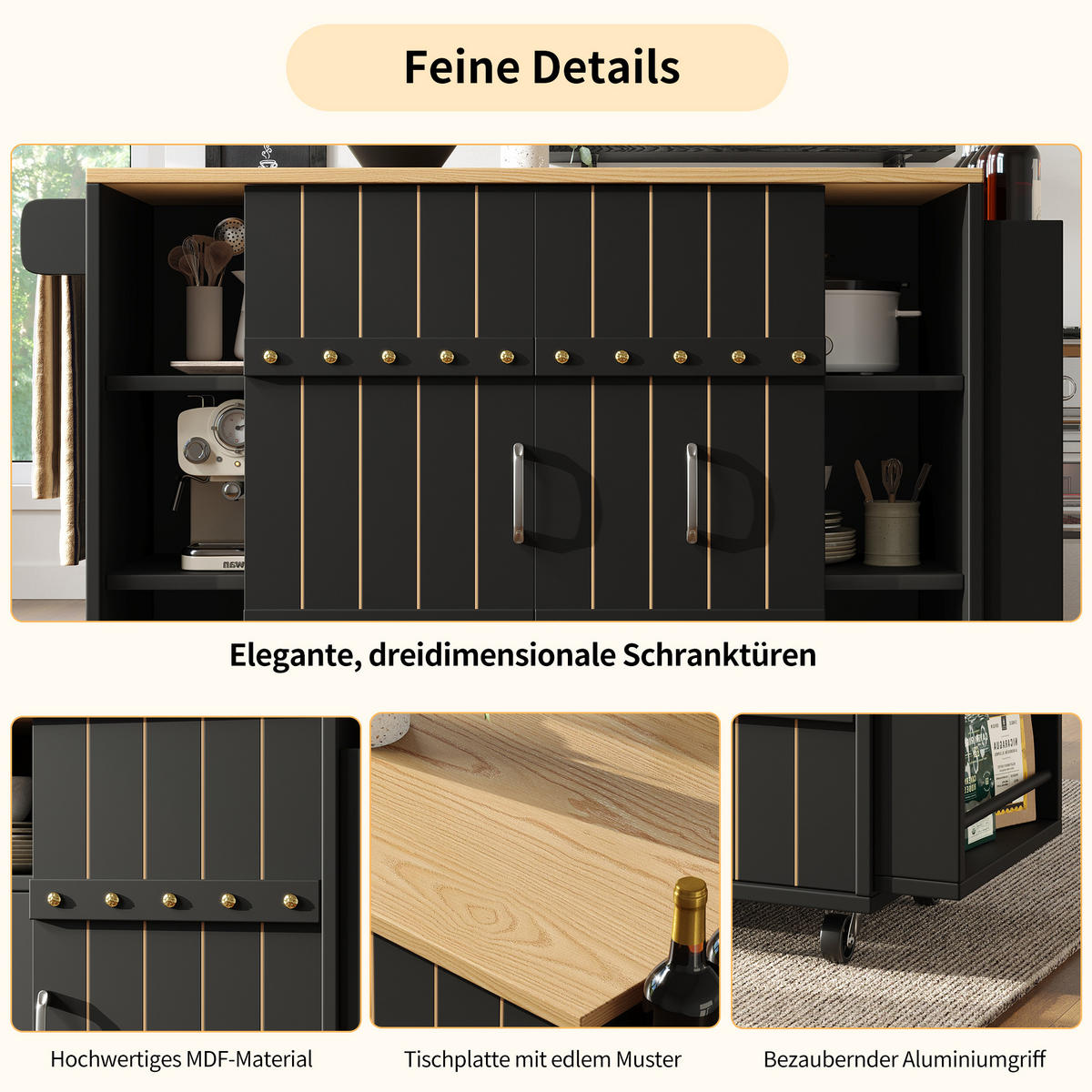 KÜCHENWAGEN 110x42x90cm aus MDF mit Klappplatte,3 Schubladen & 4 Rollen - Schwarz, Holzwerkstoff (110/90/42cm) - Modfu