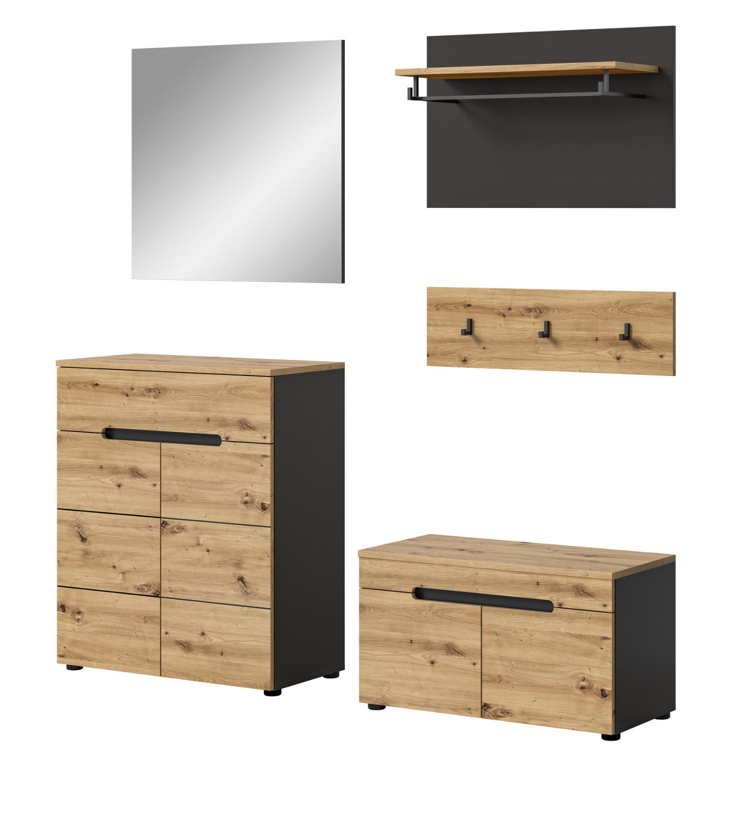 GARDEROBE Set 5-teilig Eiche Artisan grau 175 cm, mit Soft-Close - Schwarz/Eiche Artisan, Glas/Holzwerkstoff (175/190/37cm) - Inn.Furn