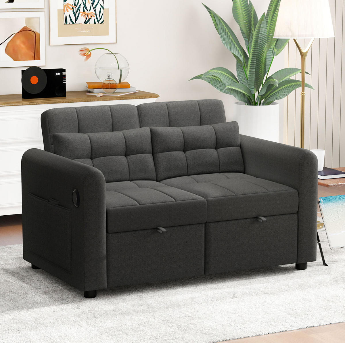 SCHLAFSOFA 3-in-1 Baumwoll-Leinen mit verstellbarer Rückenlehne und USB-Anschluss Grau 142/85/83 cm - Grau, Textil (85/83/142cm) - Redom