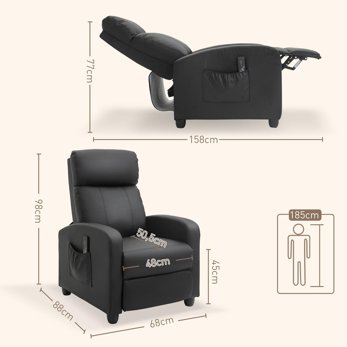 MASSAGESESSEL mit Liegefunktion, Relaxsessel mit Massagefunktion, Fernsehsessel - Schwarz, Leder/Kunststoff (88/98/68cm) - HOMCOM