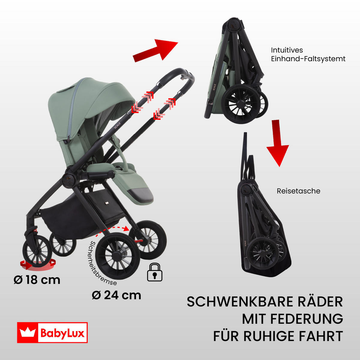 BUGGY Scale, Klein und Leicht, Teleskopische Führung, Kompakt Faltbar, Wickeltasche, Reisetasche - Dunkelgrün/Schwarz, Textil/Metall (58/100cm) - BabyLux