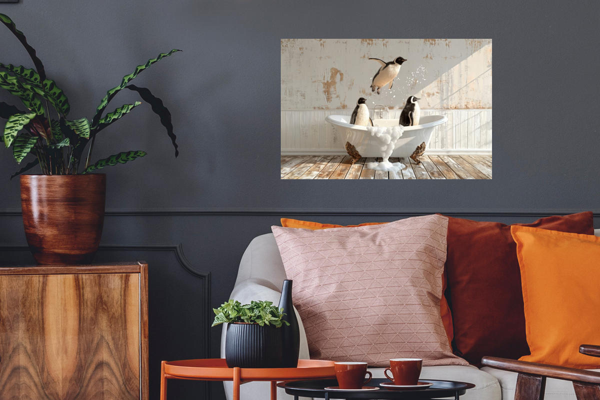 WANDTATTOO Vintage - Pinguin - Badewanne - Schaumstoff 60x40 cm - Schwarz, Kunststoff (60/40/0.1cm) - MuchoWow