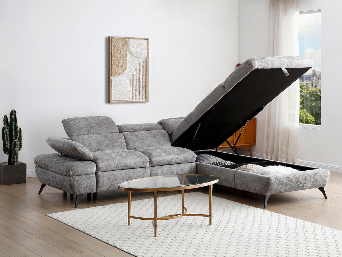 ECKSOFA mit Schlaffunktion - Ecke rechts - Strukturstoff - mit Rückenlehne - Grau - SURDELI - Grau, Textil (280/233cm) - Vente-Unique