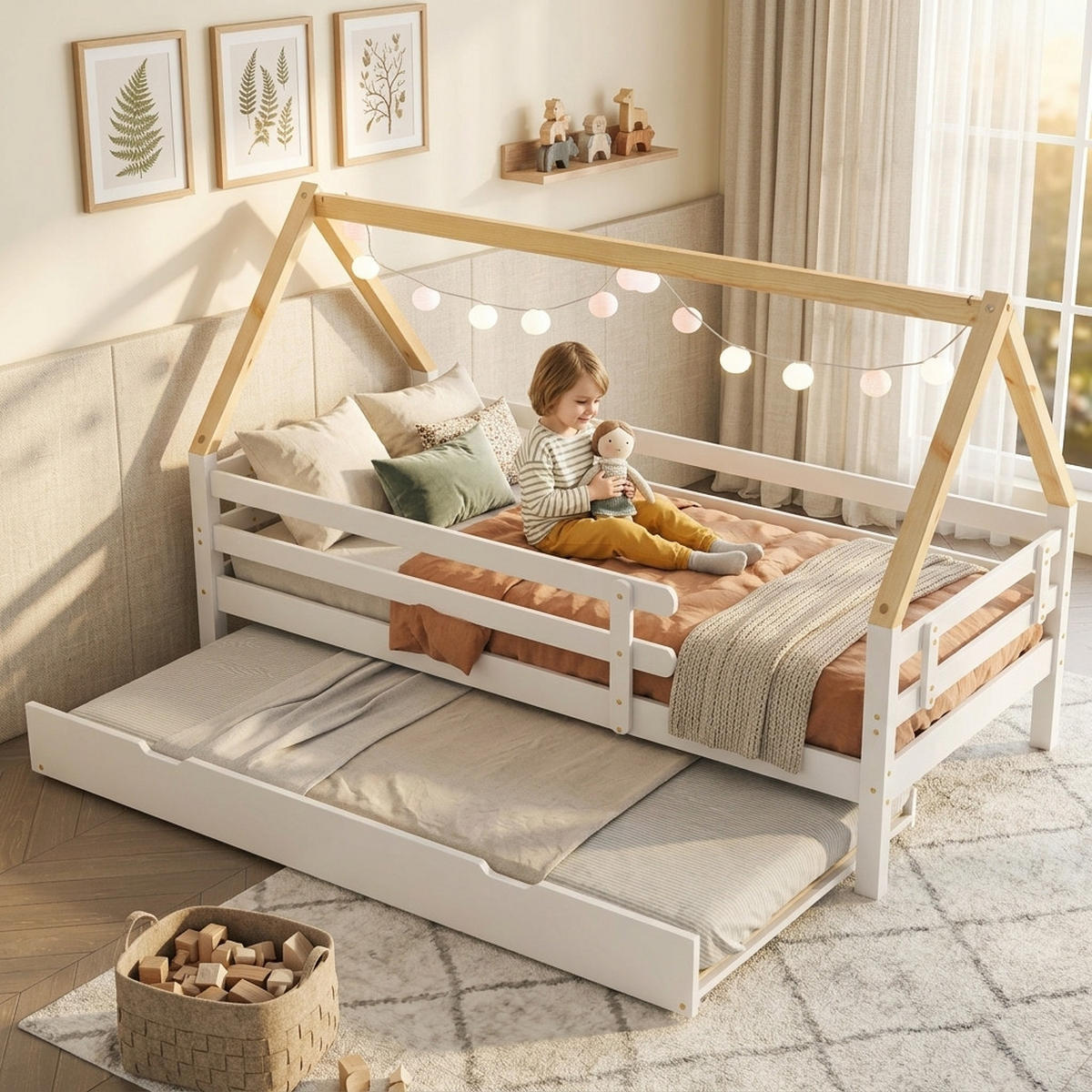 HAUSBETT 90/200 cm & 90/190 cm in Weiß & Natur mit Ausziehbett - Weiß/Naturfarben, Holz/Holzwerkstoff (90/200cm) - WISHDOR