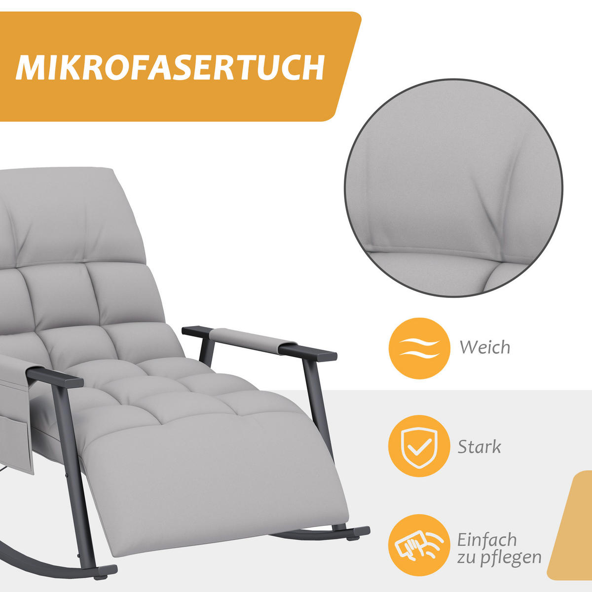 SCHAUKELSTUHL Sessel Relaxsessel mit Fußstütze, Schaukelsessel mit Seitentasche - Grau, Kunststoff (134/70/60cm) - HOMCOM