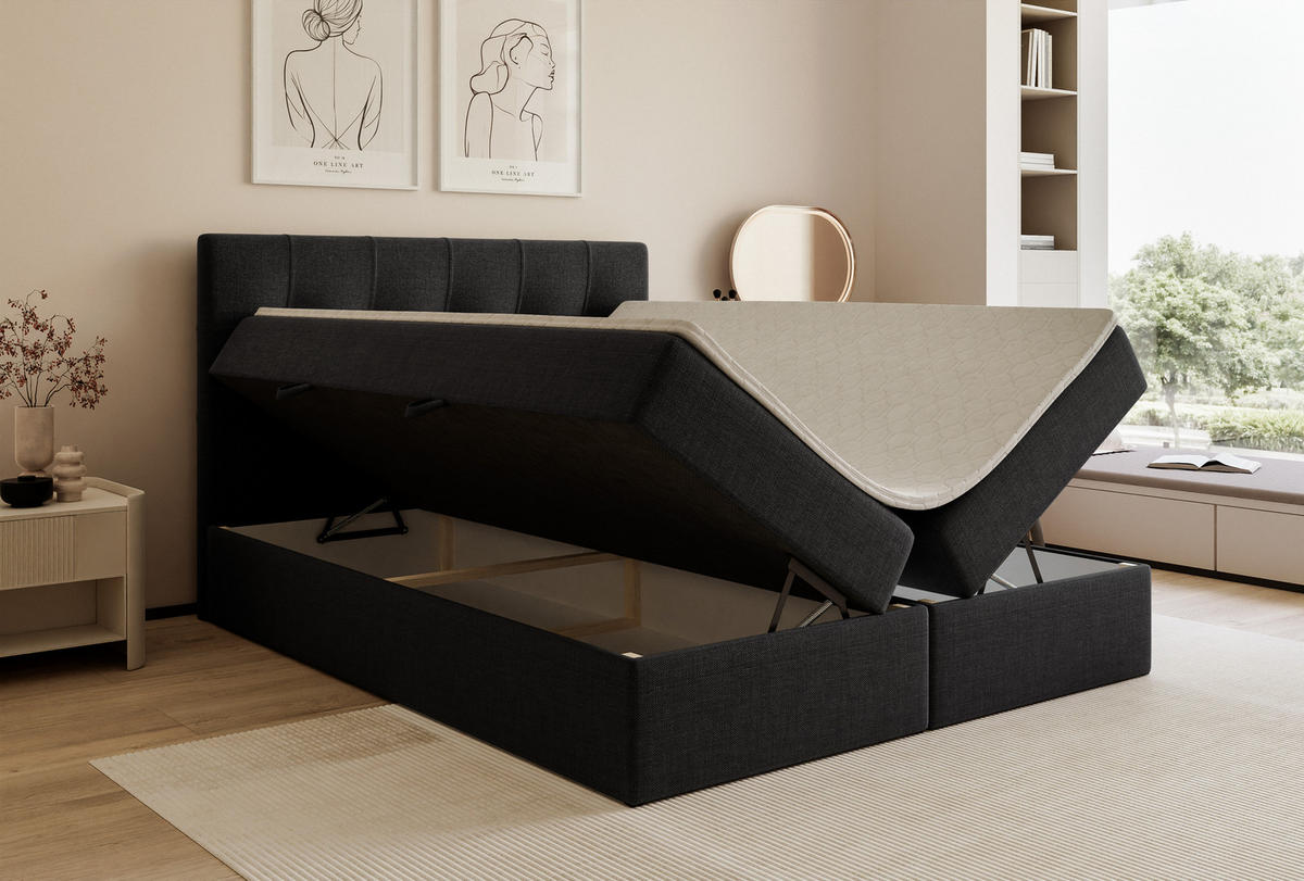 BOXBETT VENUS 200/200 cm, mit Matratze und Topper, Anthrazit - Schwarz, Holzwerkstoff/Textil (200/200cm) - Idohome