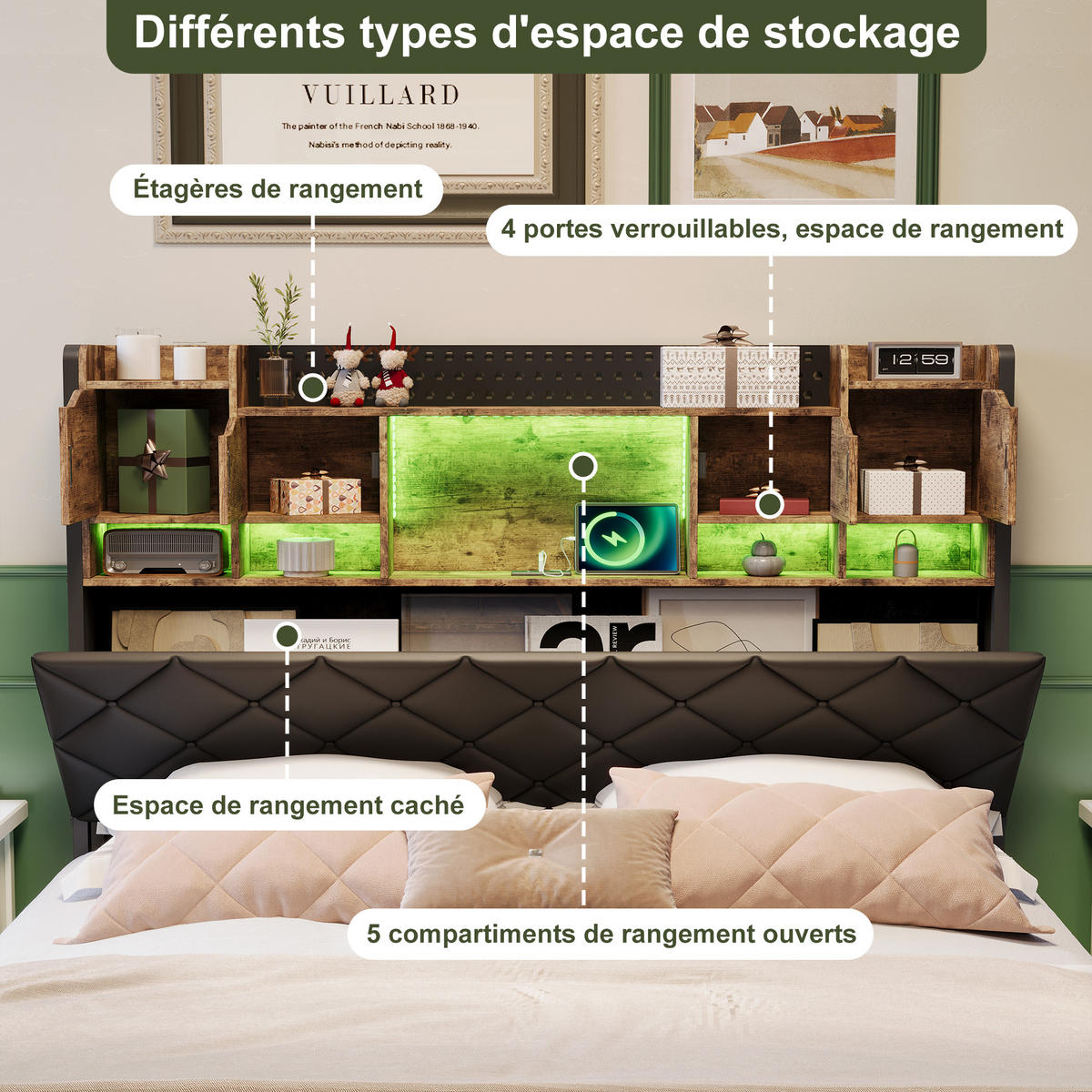 BETT 140x200 cm aus Massivholz, Schwebendes Design, Kopfteil mit Ablageregal und verstecktem Stauraum, LED-Beleuchtung, Lattenrost, - Natur - Naturfarben, Holzwerkstoff (140/200cm) - Brevoria