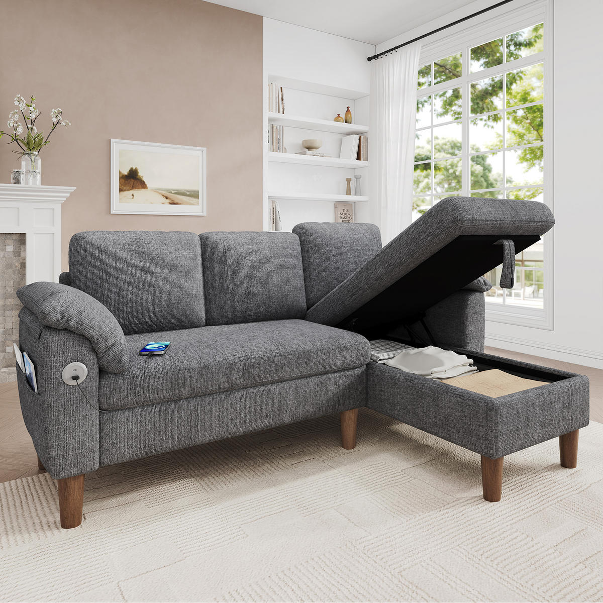 ECKSOFA 181/125/88 cm Hellgrau mit Stauraum-Chaiselongue und USB/Type-C-Ladeanschluss - Hellgrau, Textil (181/125cm) - Oxeza