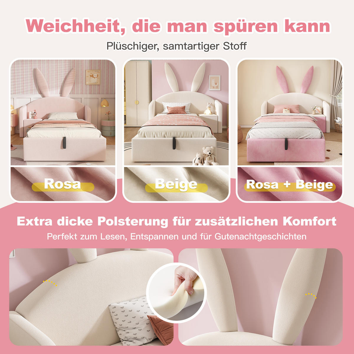 JUGENDBETT 90/200 cm in Beige Samt mit Bettkasten und Nachttisch - Beige, Holzwerkstoff/Textil (90/200cm) - WISHDOR