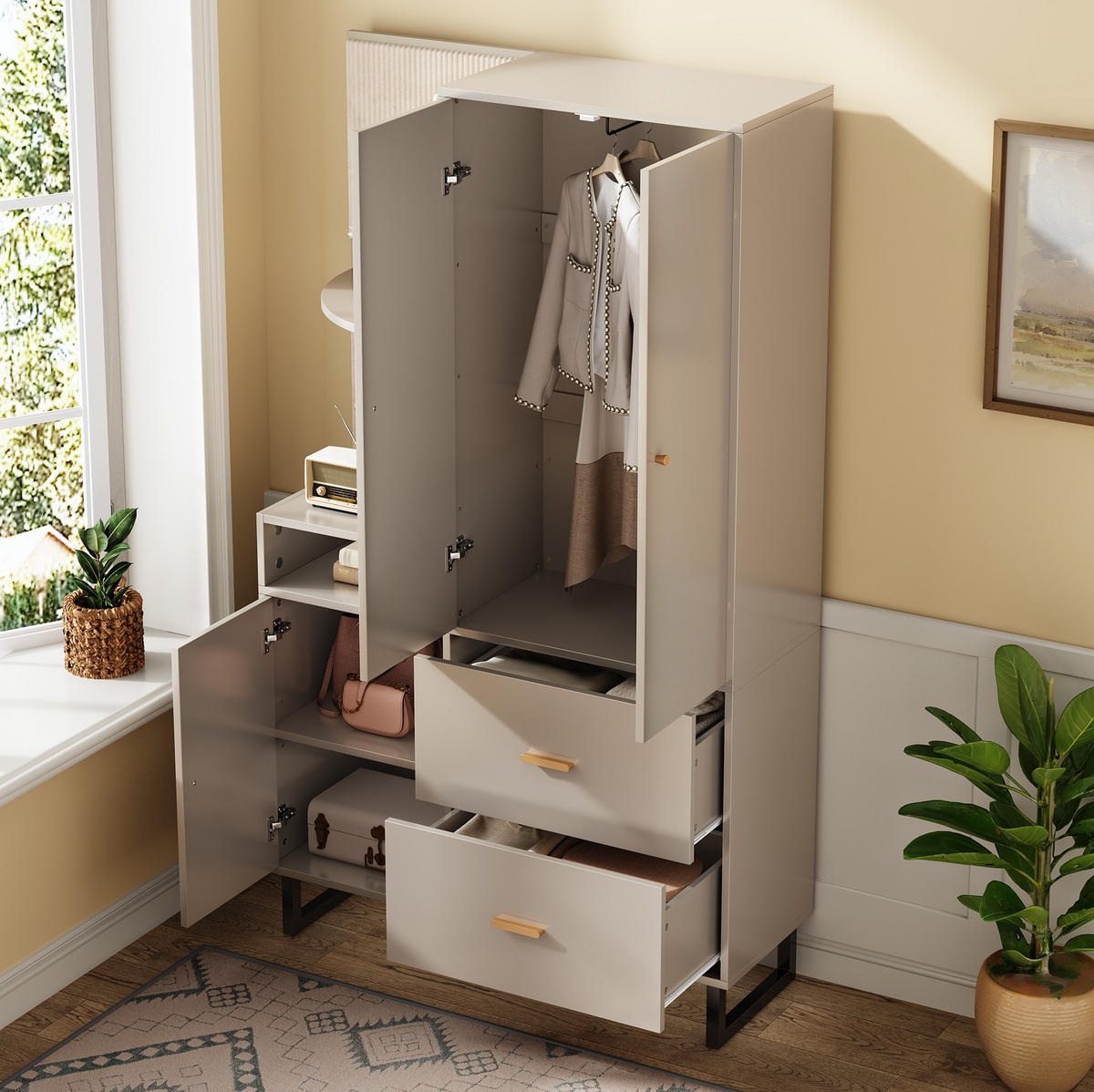 STANDGARDEROBE 110/38/186 cm mit Kleiderstange, Schubladen und Schrank in Graubeige - Beige, Holzwerkstoff (110/186/38cm) - BEAOK