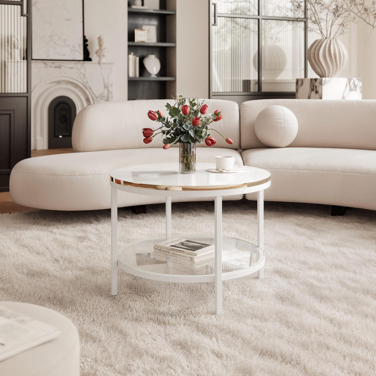 COUCHTISCH CANDY 60/42 cm runden, Weiß / Weiß Hochglanz / Gold - Weiß Hochglanz/Weiß, Metall (60/60/42cm) - Idohome