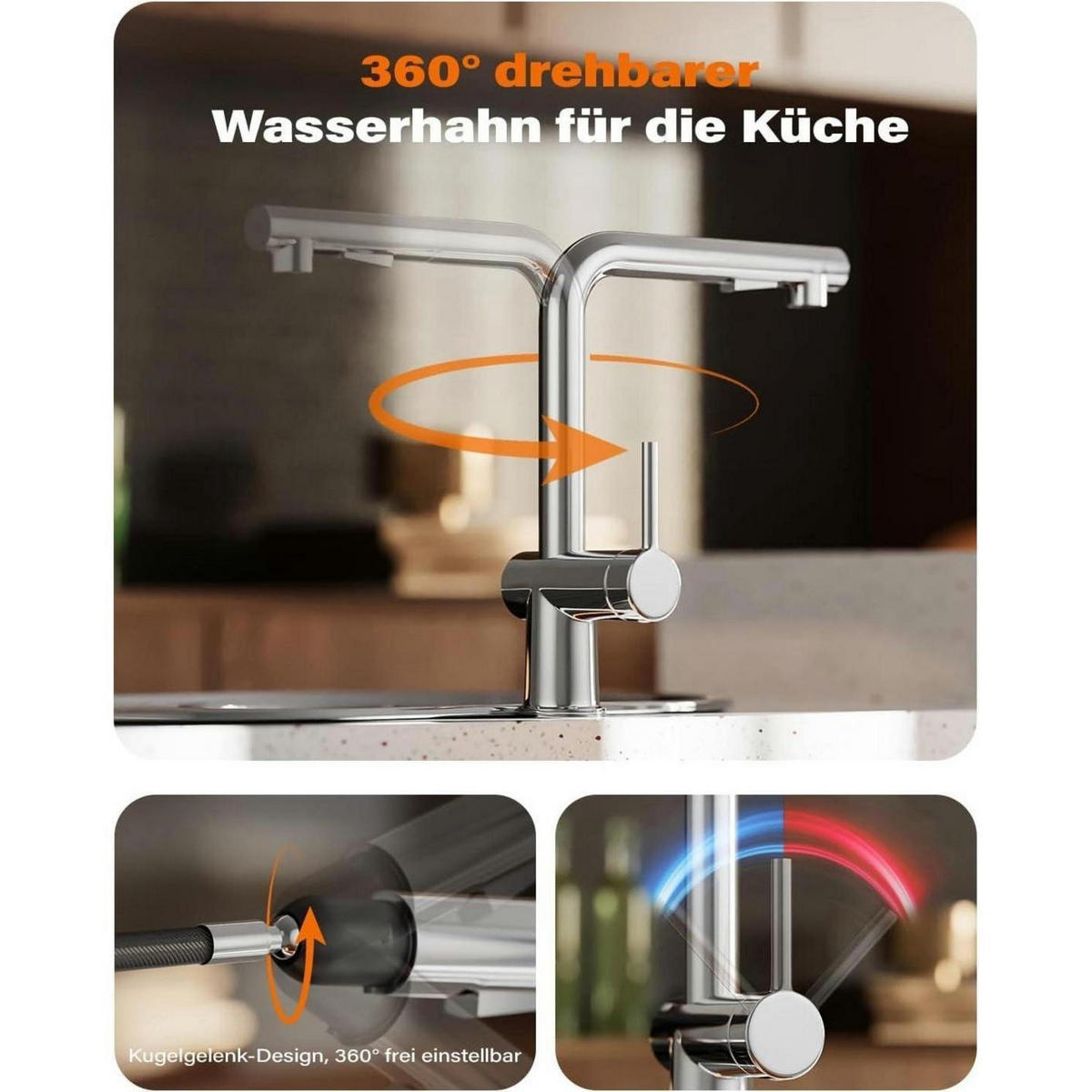 KÜCHENARMATUR mit Ausziehbrause und 360° Schwenkfunktion Chrom - Silberfarben, Metall (31.8/58/41cm)