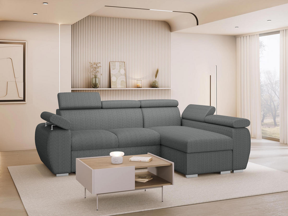 ECKSOFA Boston Mini Premium Cord 2RLC Seite: Rechts 2R+LC - Chromfarben/Grau, Holz/Textil (255/170cm) - MIRJAN24