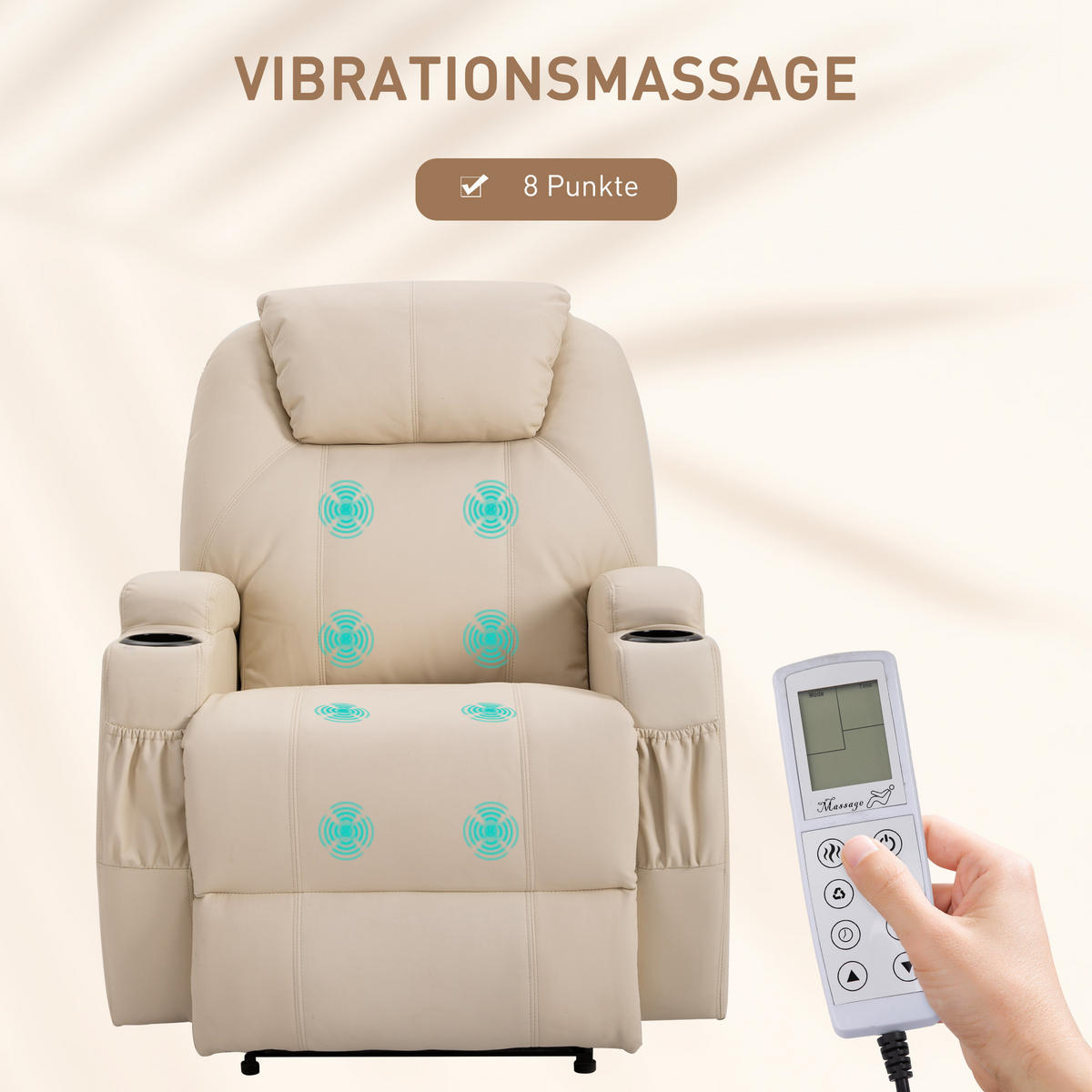 MASSAGESESSEL elektrisch Relaxsessel Fernsehsessel Liegefunktion Beige - Beige/Schwarz, Leder/Metall (97/110/82cm) - HOMCOM