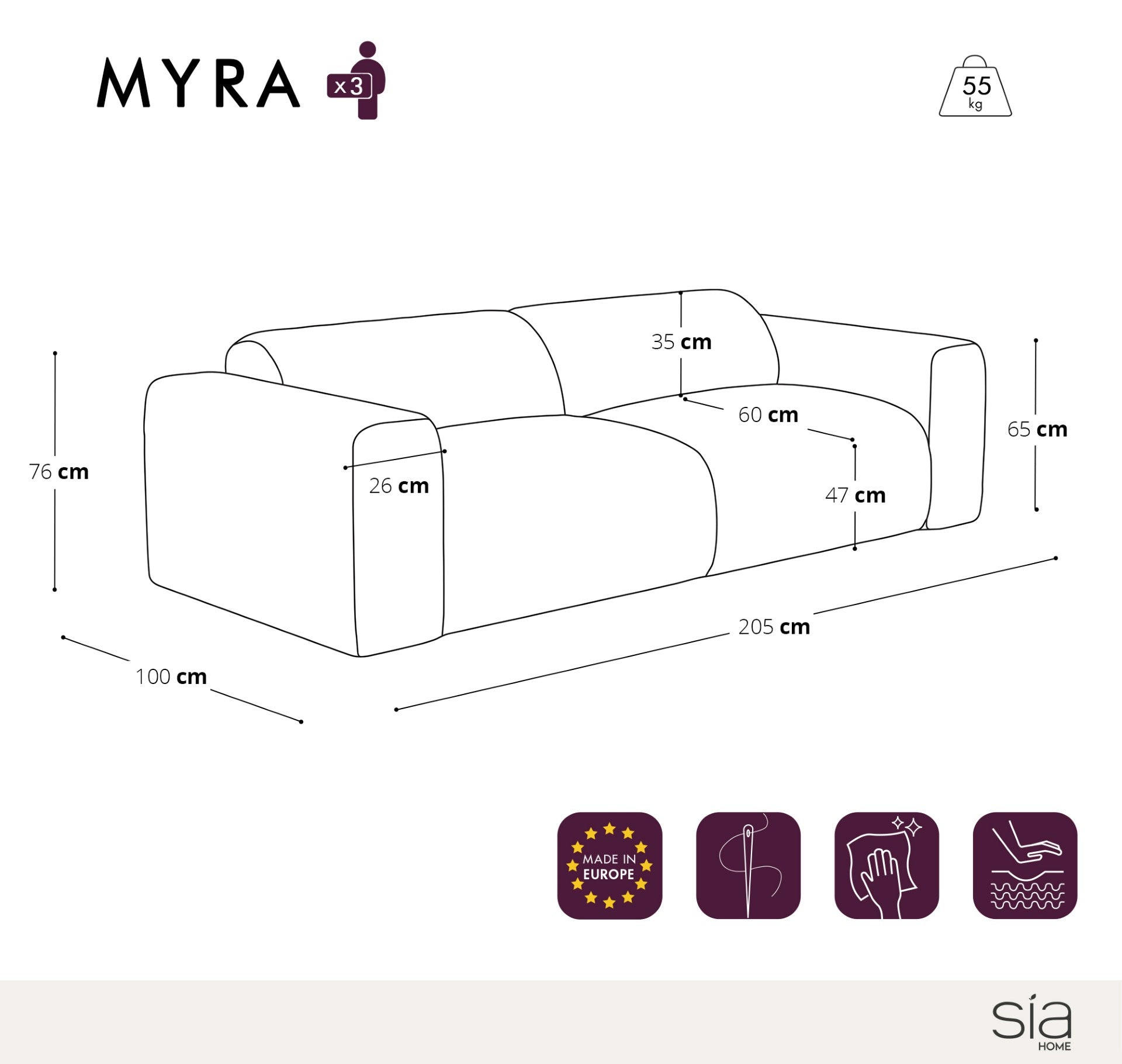 SOFA 3-Sitzer Texturierter Samt Grau 205cm - Grau, Textil (205/73/97cm) - Sia Home