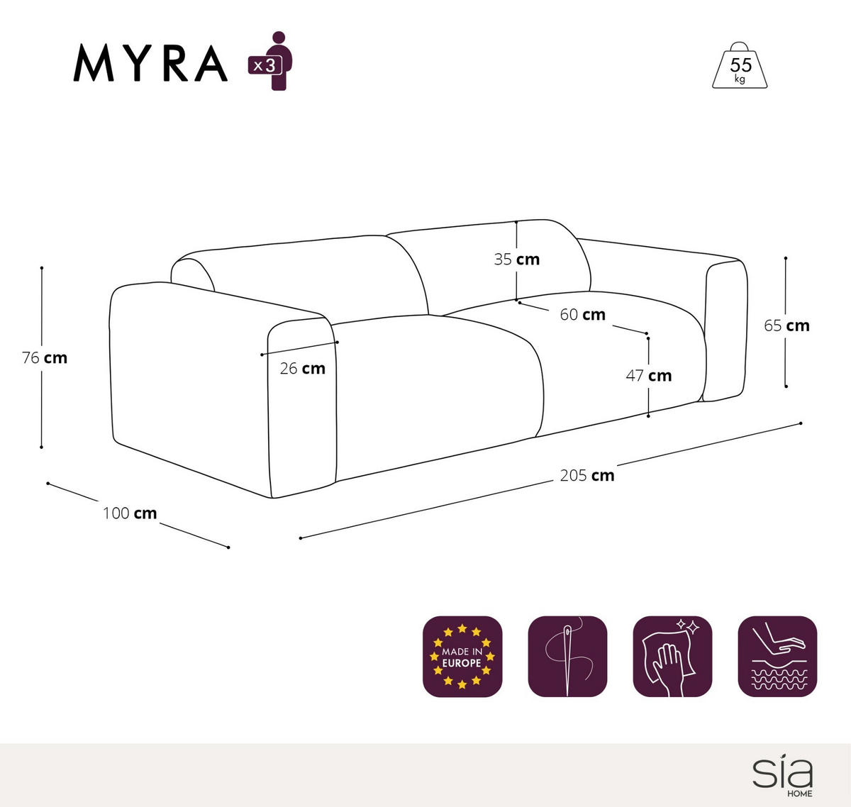SOFA 3-Sitzer Texturierter Samt Beige 205cm - Beige, Textil (205/73/97cm) - Sia Home