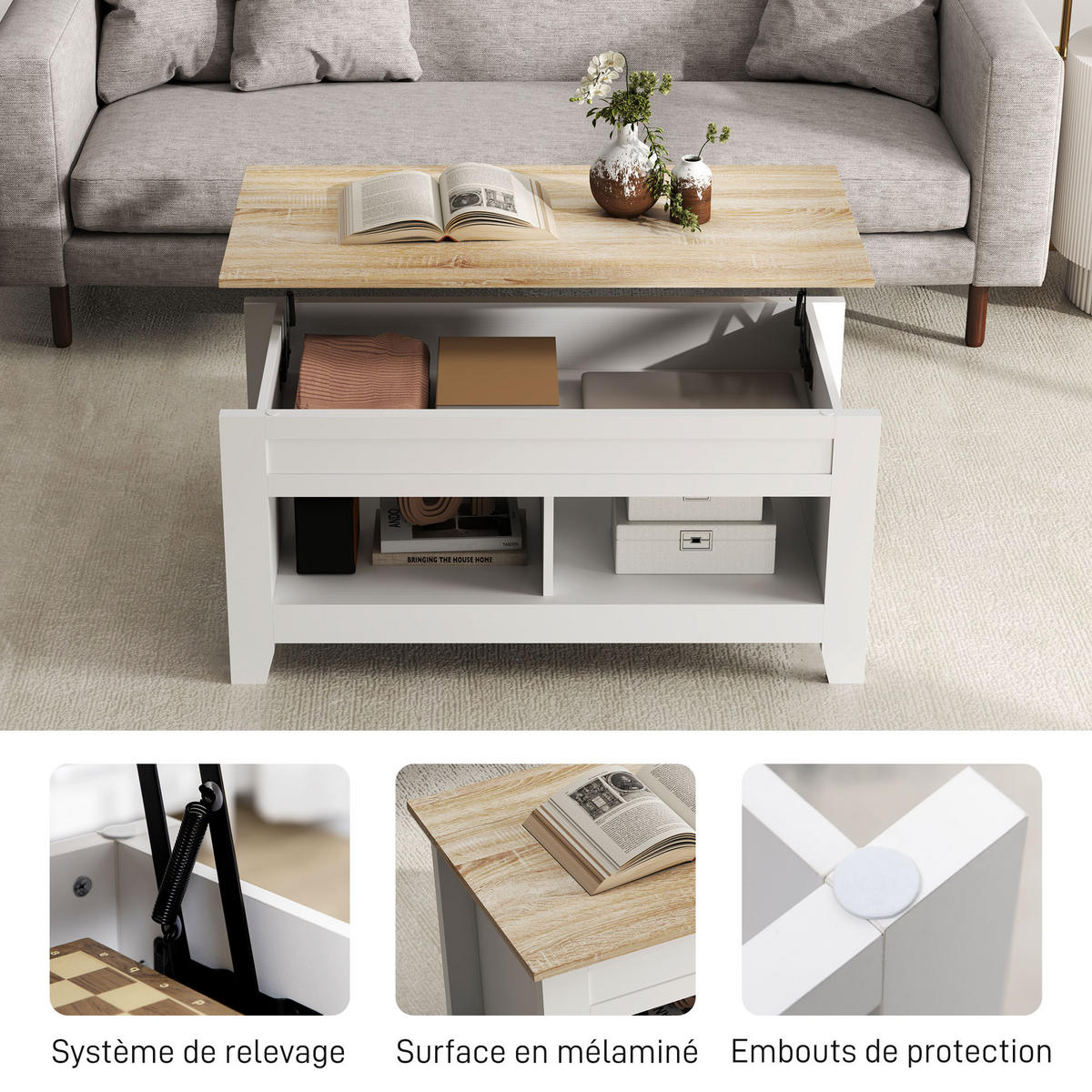 COUCHTISCH DE-15802 klappbare Platte Weiß - Weiß, Holzwerkstoff (105/50/62.5cm) - ComfortXL
