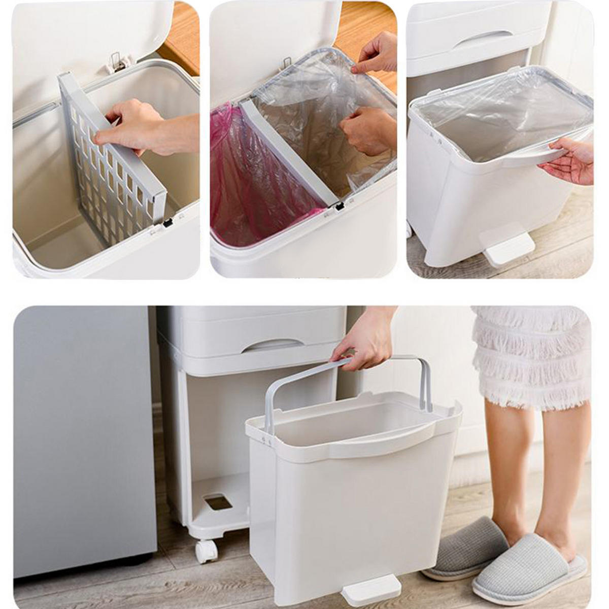 MÜLLEIMER 38L Mülltrennung 2-Stufig mit Rollen aus Kunststoff in Weiß Benutzerfreundliche Handhabung 42 cm (B) × 28,2 cm (T) × 73 cm - Weiß, Kunststoff (42/73/28.2cm) - Livingandhome