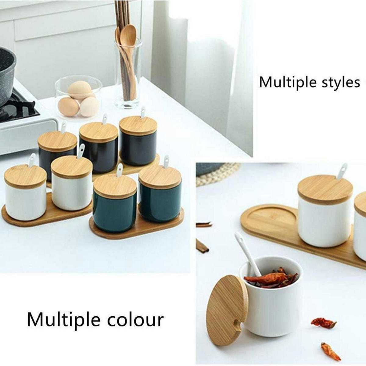 GEWÜRZGLÄSER 3er Set Keramik Grün mit Bambusdeckel und Löffel - Petrol, Keramik (8/10/8cm)