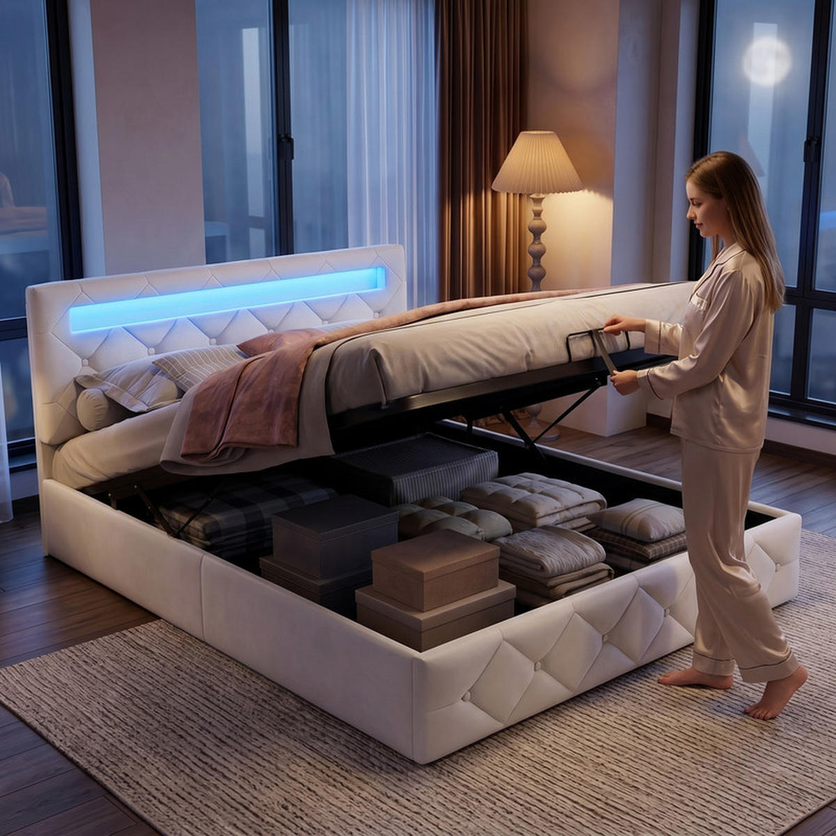 ČALÚNENÁ posteľ 140/200 cm marhuľová s úložným priestorom, LED a USB - béžová, drevo - SHOPENTRA