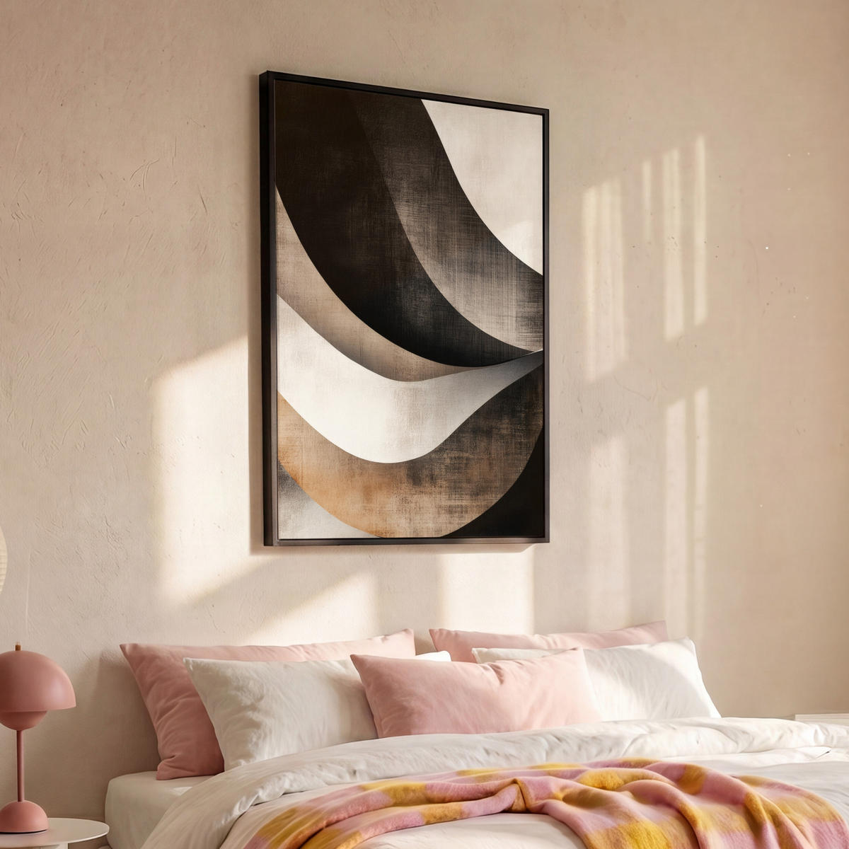 LEINWAND Bilder mit Rahmen - Abstrakt - Wellen - Schwarz - Verwittert - 100x150 - Trüffeleichefarben, Textil (100/150cm) - MuchoWow