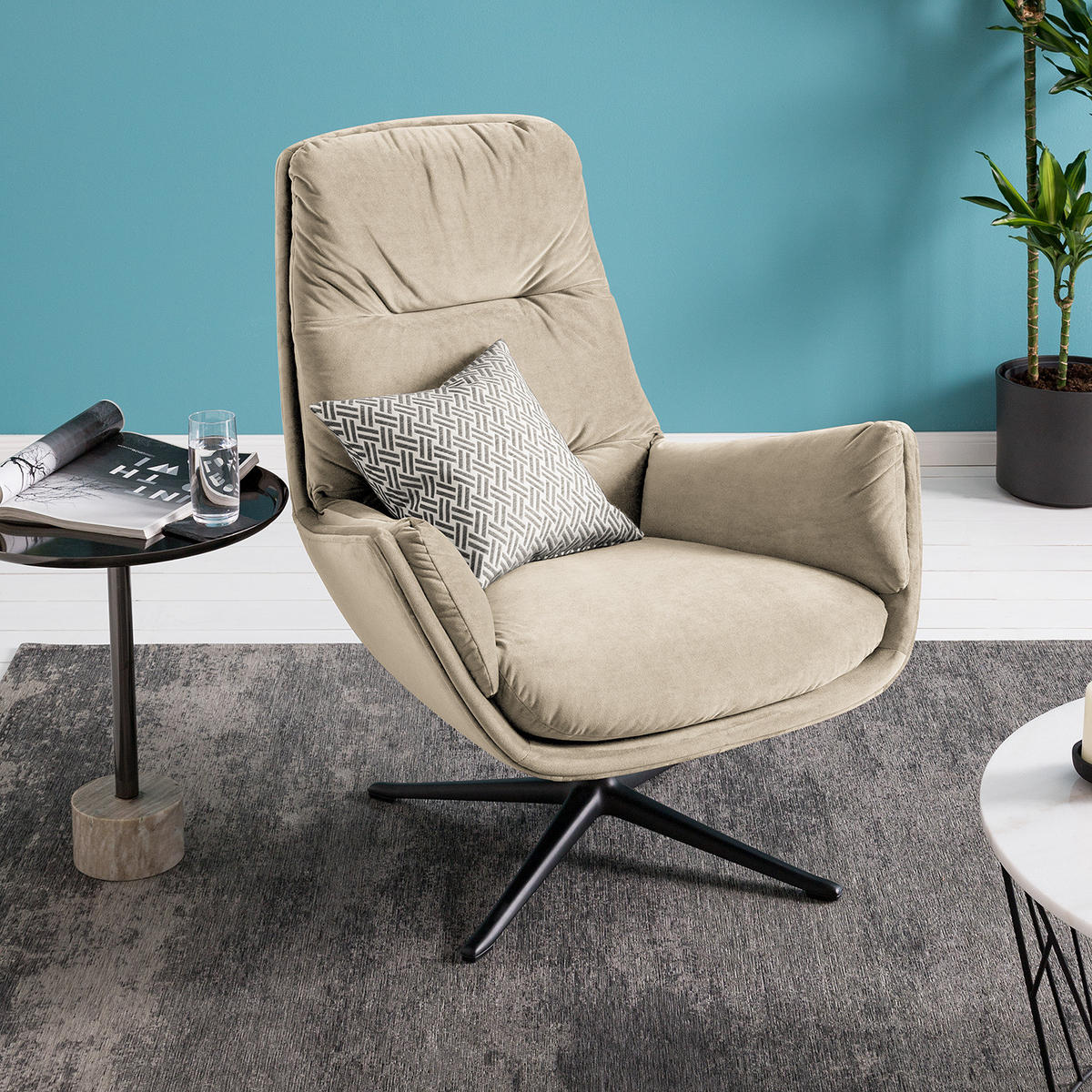 SESSEL mit Kreuzfuß - Beige/Schwarz, Textil/Metall (83/95/97cm) - home24