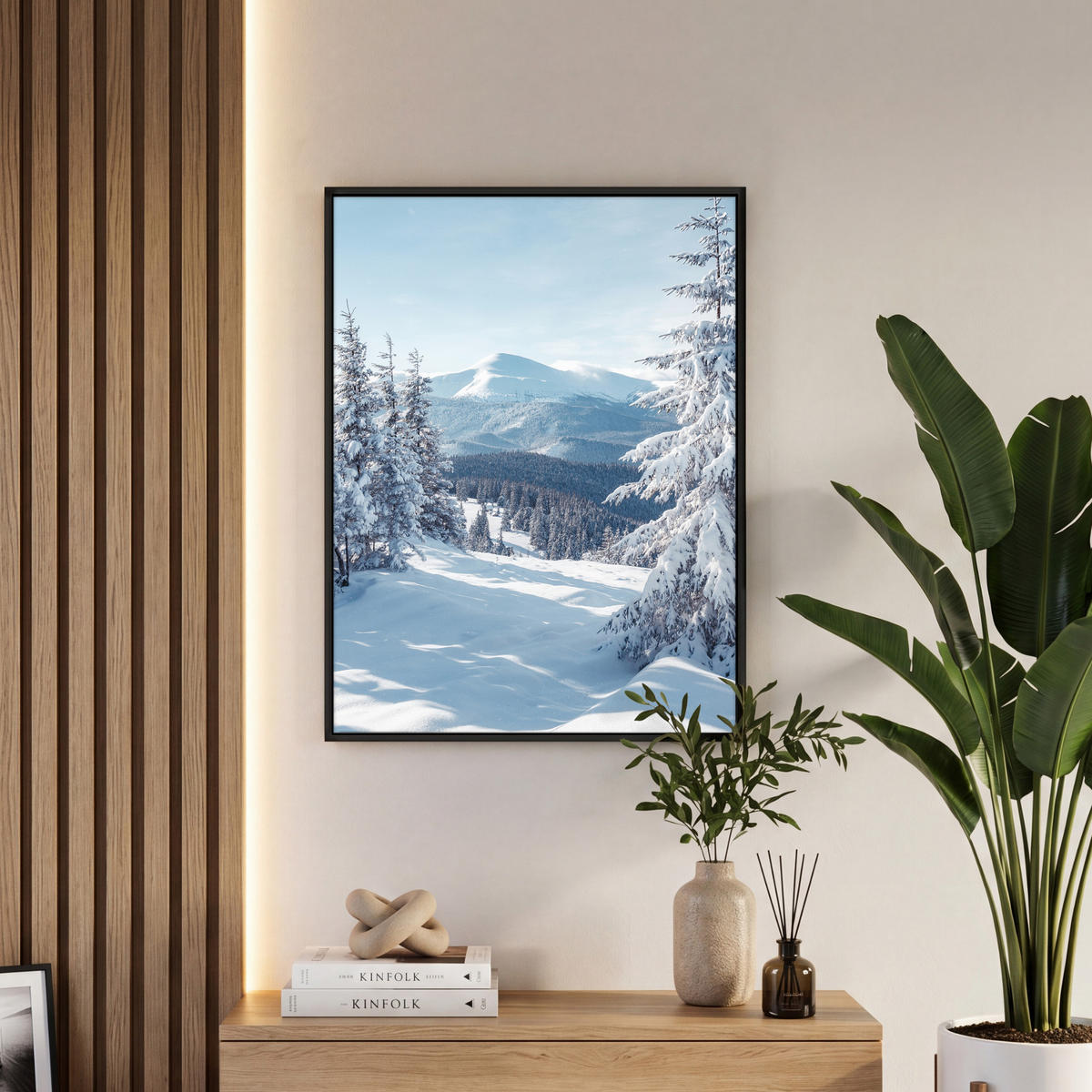 LEINWAND Bilder mit Rahmen - Winterlandschaft - Natur - Berge - Bäume - Schnee - 50x70 - Hellblau, Textil (50/70cm) - MuchoWow