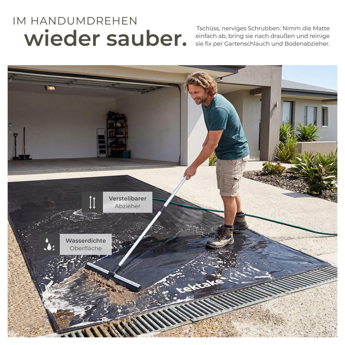 GARAGENBODENMATTE , inklusive ausziehbarem Abzieher, schwarz - Schwarz, Kunststoff (240/500cm) - tectake