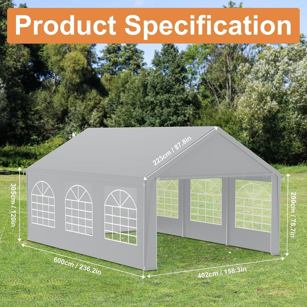 GARTENZELT 4 x 6 m Grau mit 4 Seitenwänden - Grau, Textil (400/223/600cm)