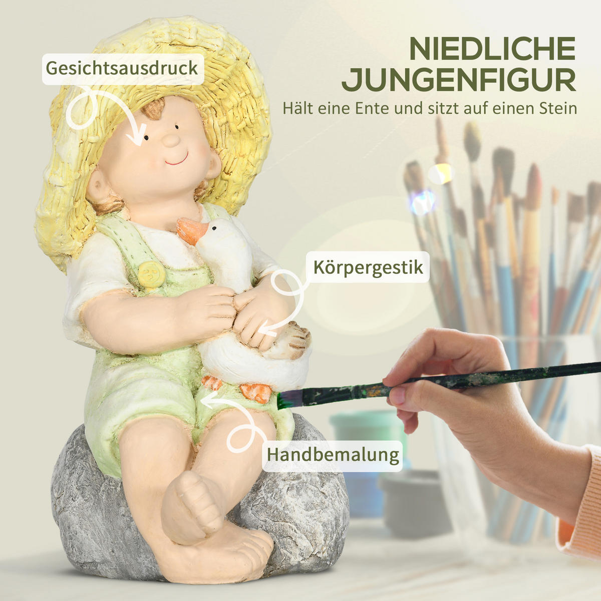 GARTENSTATUE "Kleiner Junge mit Strohhut", für Heimdekoration, Garten, Hof - Grün, Kunststoff (25/43/23.5cm) - Outsunny