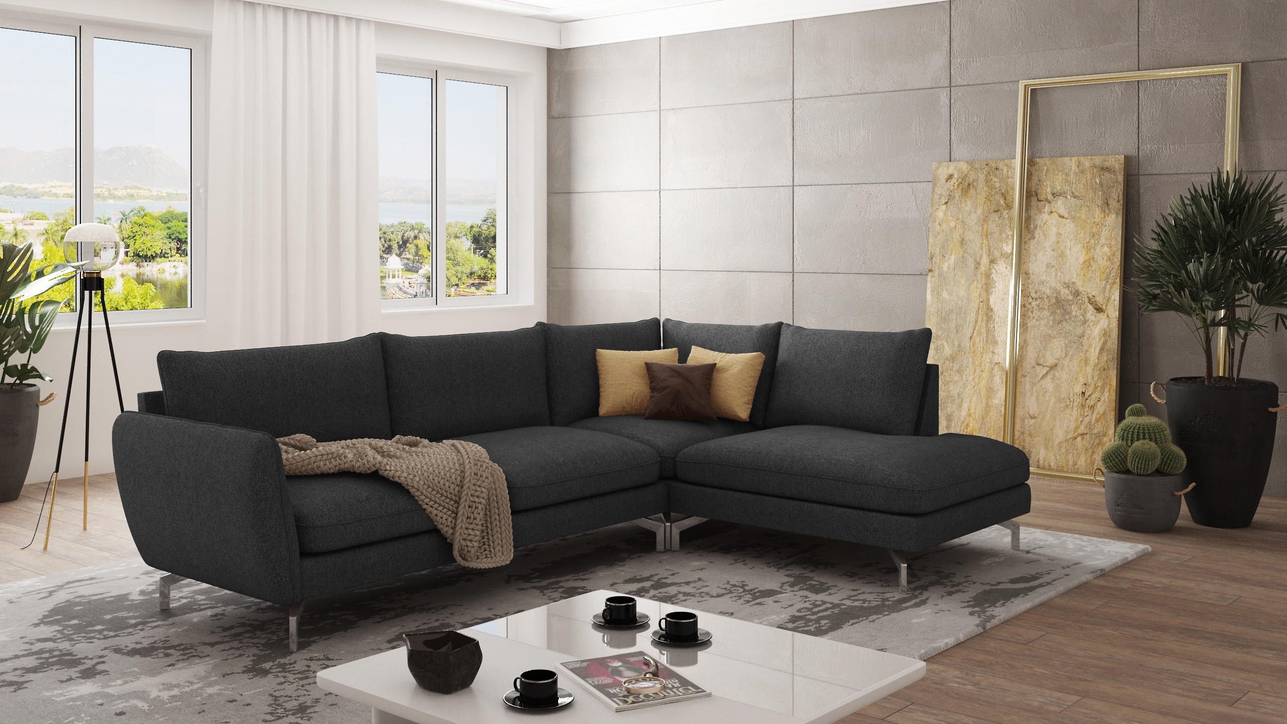 ECKSOFA Elou Graphit Microfaser - Chromfarben/Graphitfarben, Holz/Textil (277/200cm) - S-Style Möbel