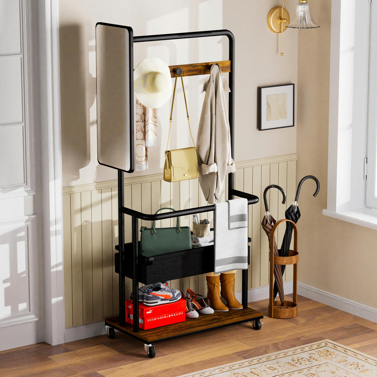 STANDGARDEROBE 70/40/170 cm mit Spiegel, Kleiderstange und Rollen - Schwarz, Holzwerkstoff (70/170/40cm) - BEAOK