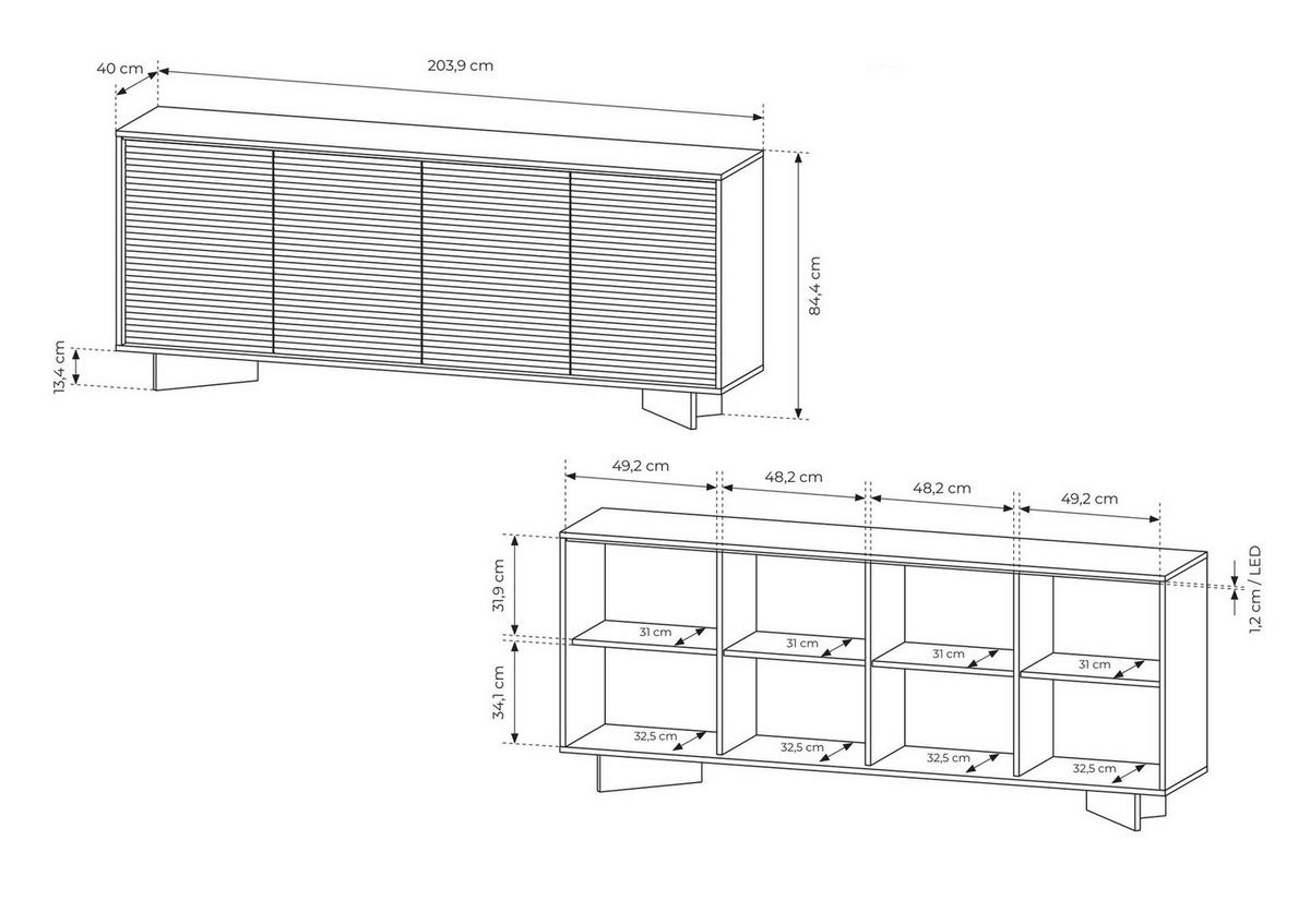 KOMMODE 204 cm Spirit Spirit mit LED, 4 Türen, Cappuccino - Eichefarben/Cappuccino, Holz (204/84/40cm) - Emporius