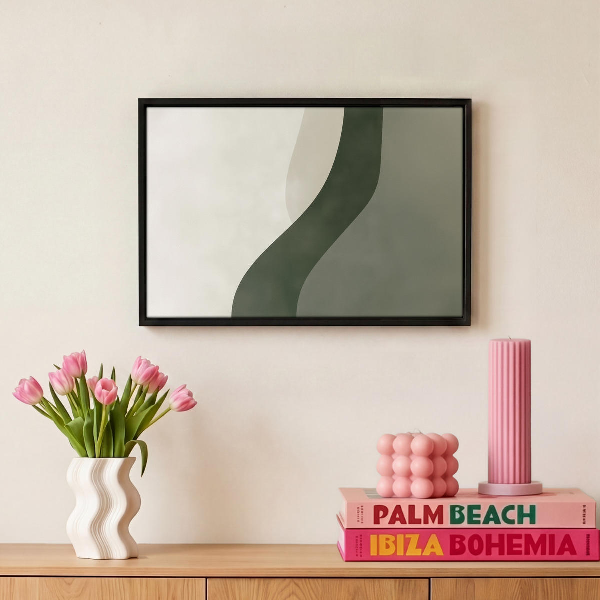 LEINWAND Bilder mit Rahmen - Japandi - Grün - Abstrakt - Modern - 30x20 - Salbeigrün, Textil (30/20cm) - MuchoWow
