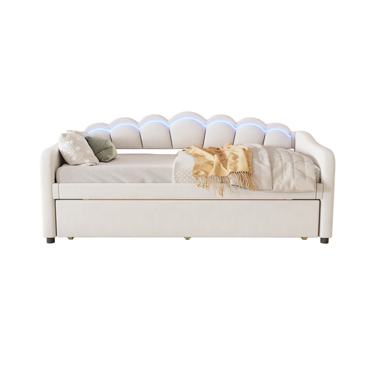 POLSTERBETT mit LED-Beleuchtung 90/200 cm in Beige mit ausziehbarem Rollbett - Beige, Textil (90/200cm) - BEAOK