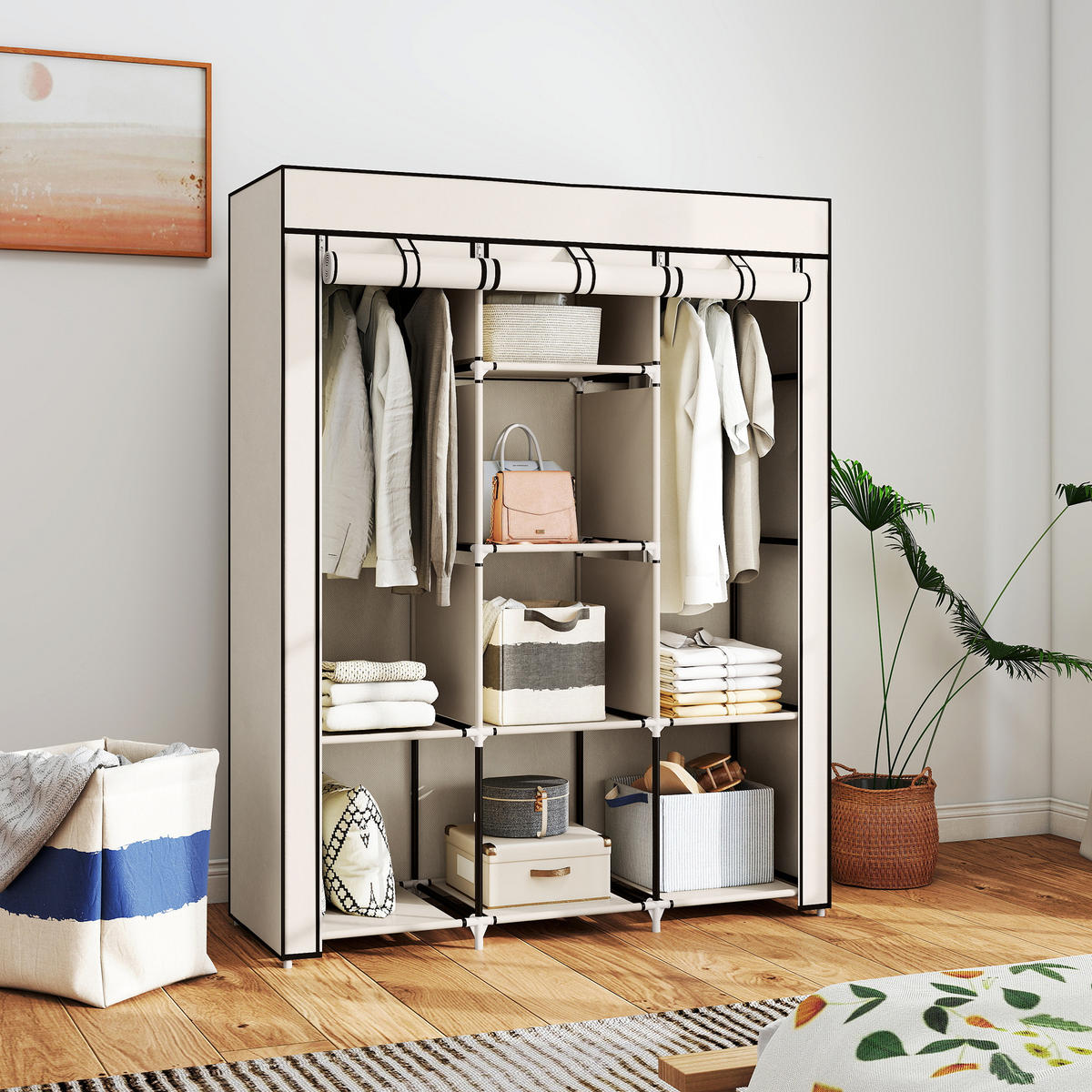 STOFFSCHRANK mit 8 Regalen und 2 Kleiderstangen, praktische Aufbewahrungslösung für Kleidung, Cremeweiß - Creme, Metall (125/162.5/43cm)