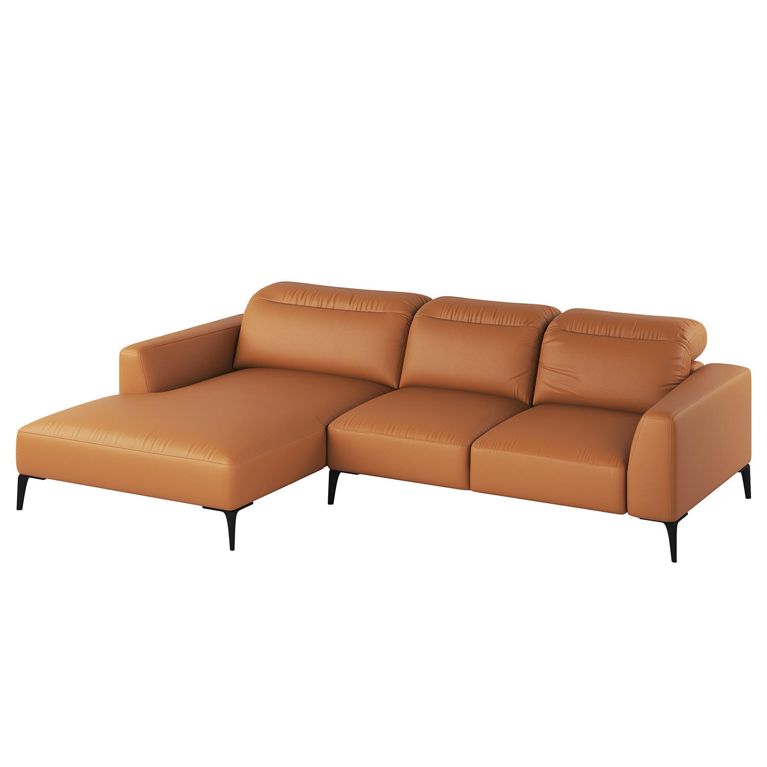 ECKSOFA mit Longchair - Cognac/Schwarz, Leder/Metall (265/180cm) - home24