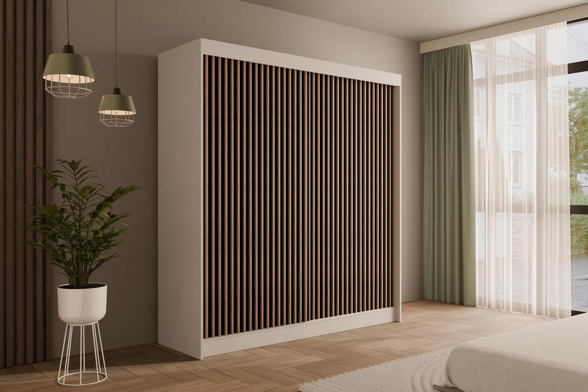 KLEIDERSCHRANK mit Lamel-Schiebetüren VILANv2 - 200 cm Weiß + Lamelle Eiche Wotan - Eiche Wotan/Weiß, Holzwerkstoff (200/215/61cm) - ALTDECOR