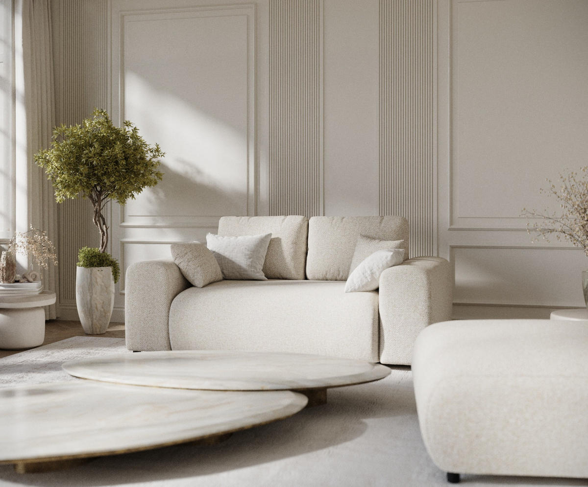 2-SITZER-SOFA Zanzibar Creme Plüschstoff - Creme/Schwarz, Holz/Holzwerkstoff (178/79/108cm) - Maison de Reve