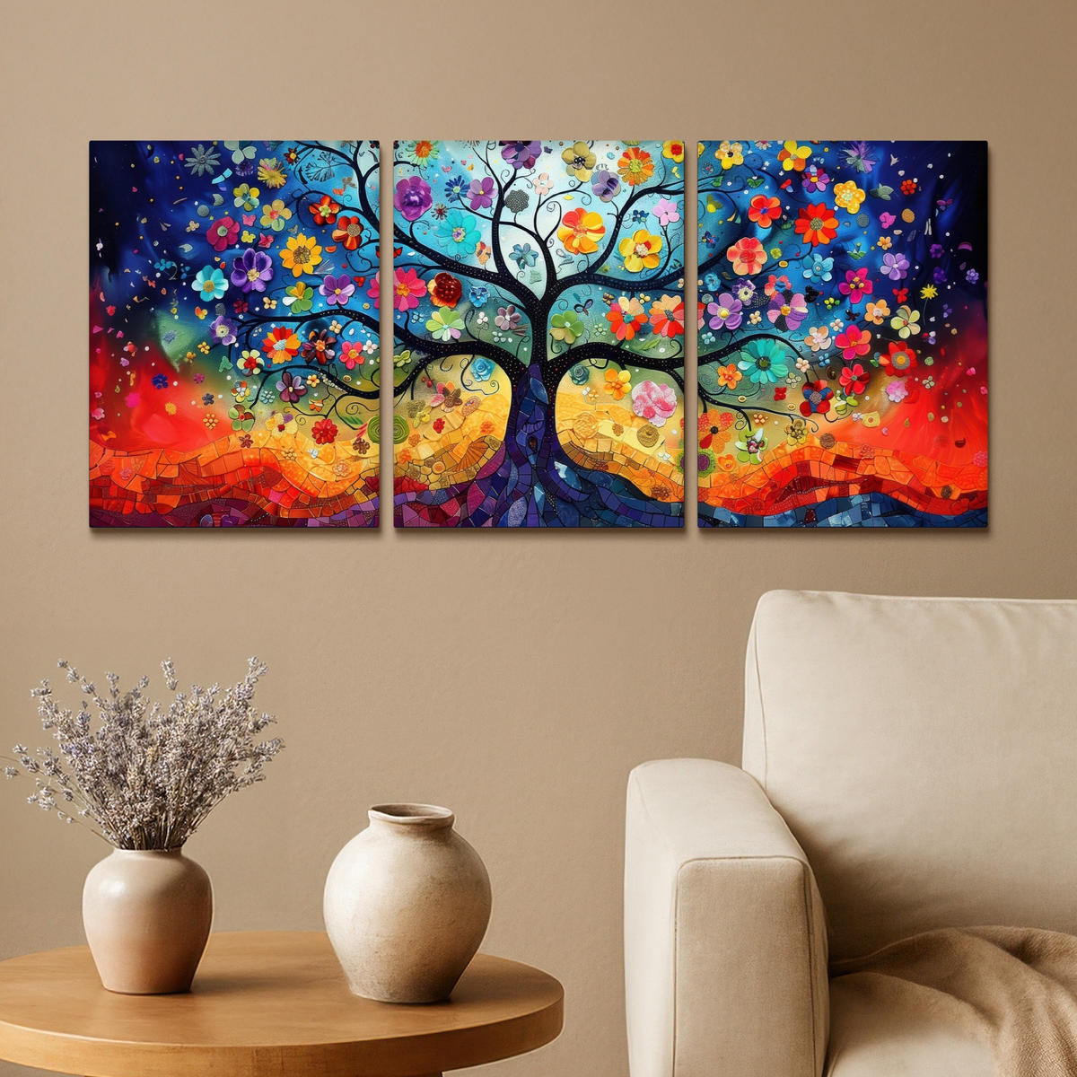 LEINWANDBILD 3er Set Bunt - Baum des Lebens - Blumen - Abstrakt 90x40 cm - Blau, Textil (90/40cm) - MuchoWow