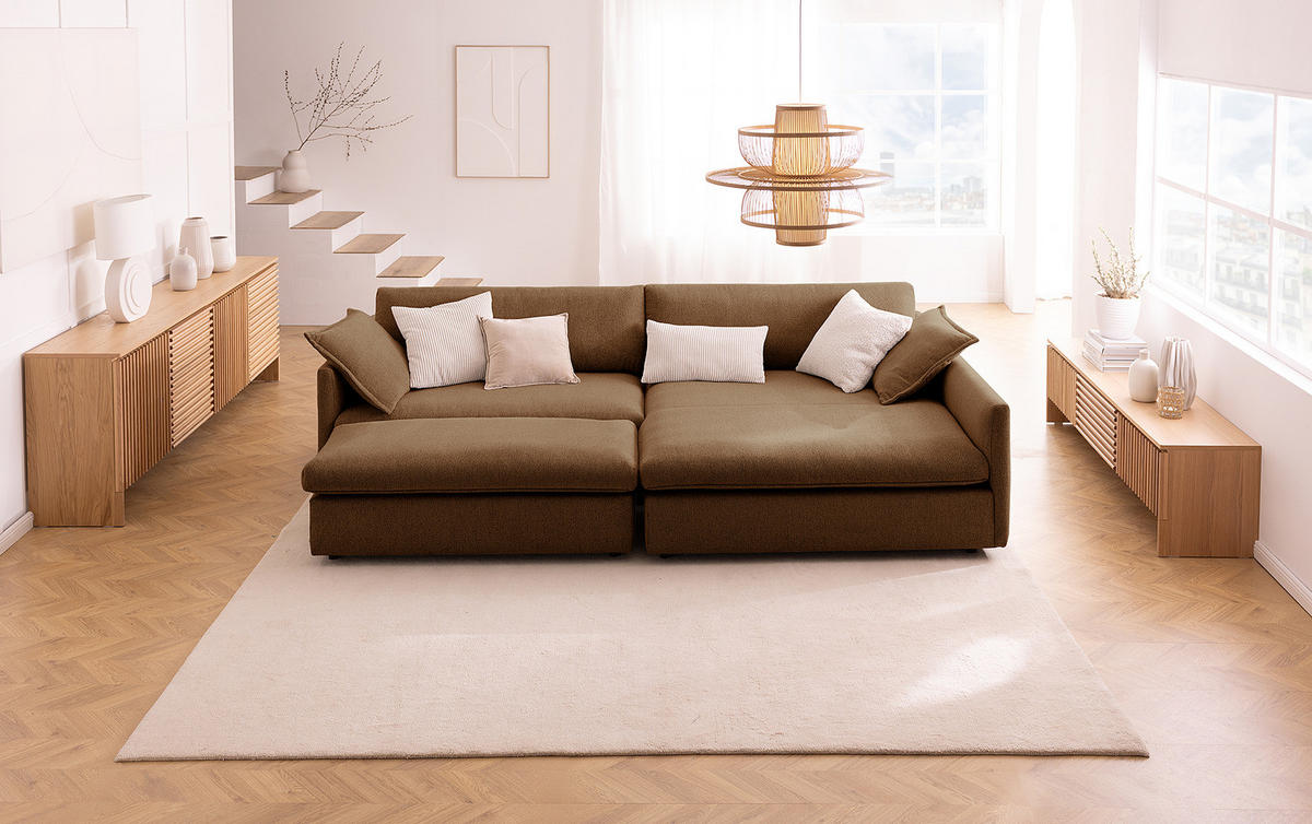 ECKSOFA mit Longchair - Schwarz/Haselnussfarben, Kunststoff/Textil (290/183cm) - home24