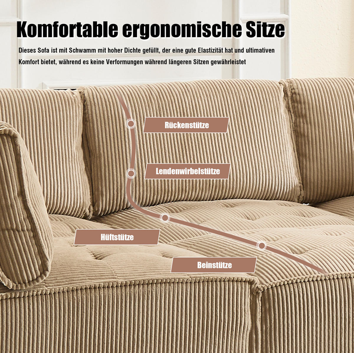 MODULARES 6-Sitzer Sofa Cord mit Seitentaschen und Schlaffunktion 308/154/82 cm Sandfarben - Sandfarben, Kunststoff/Textil (154/82/308cm) - Redom