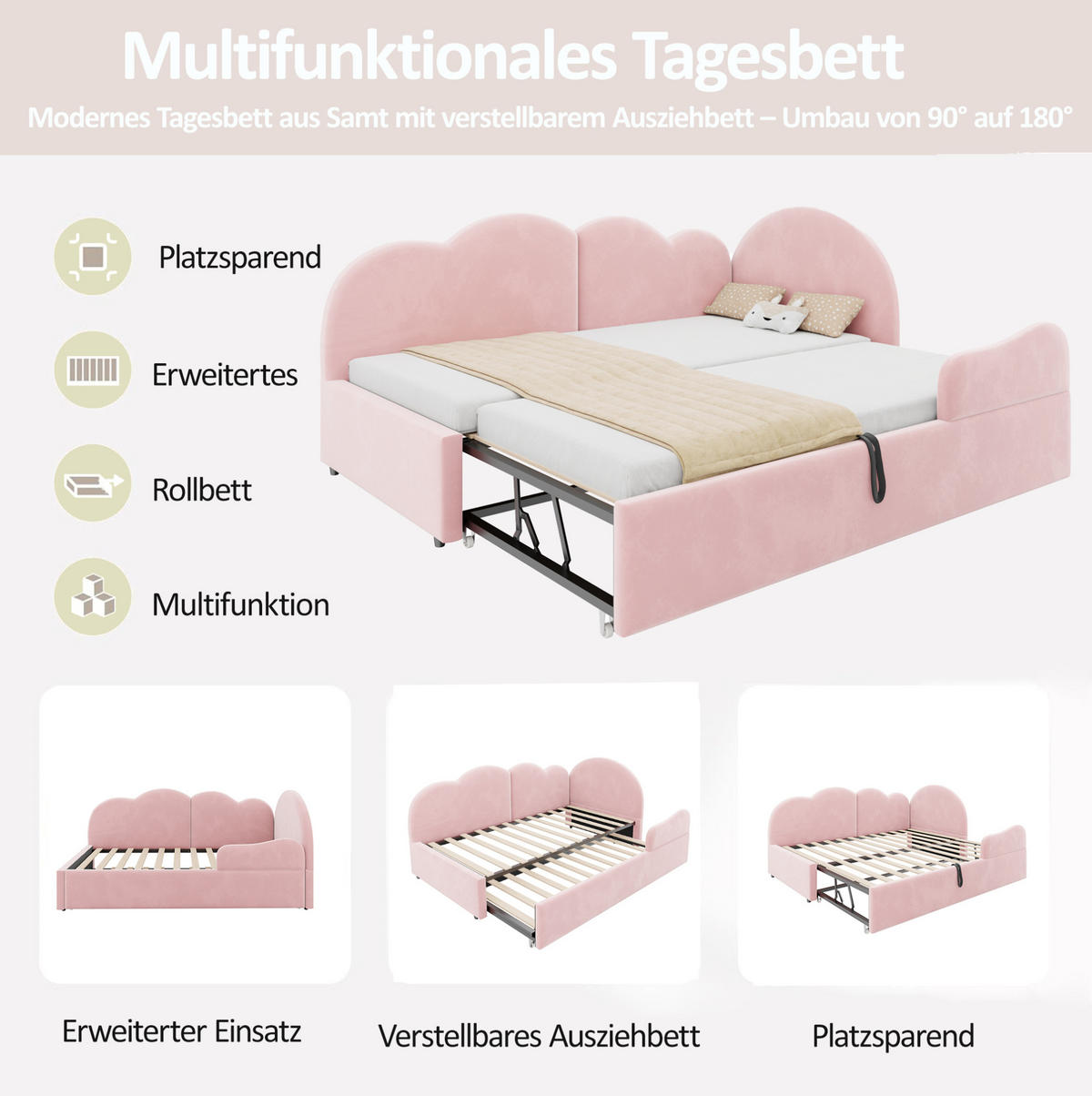 POLSTERBETT Ausziehbares Schlafsofa Samt 90x200 cm Pink ausziehbar L-Form mit wolkenförmigem Kopfteil - Pink, Textil (90/200cm) - Modfu