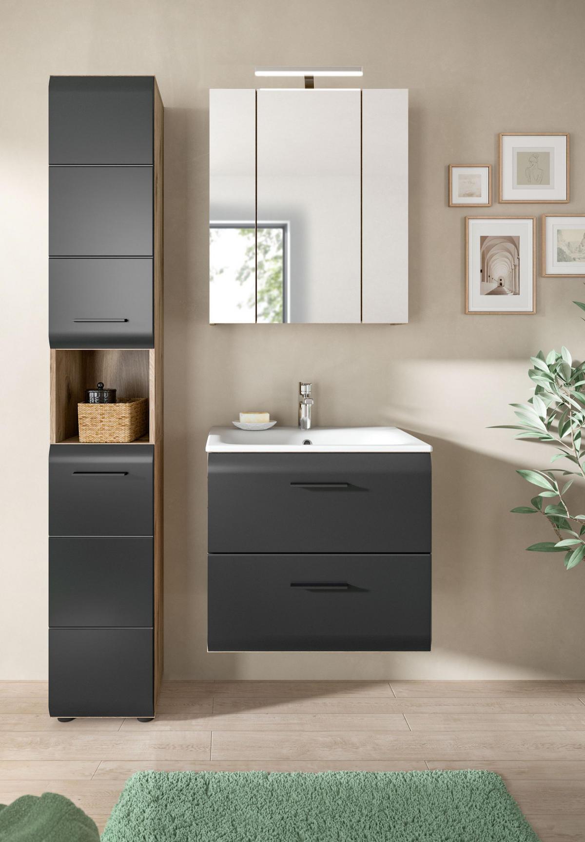 HOCHSCHRANK schwarz matt, Eiche Nox, Badschrank 2-türig 30 cm, 7 Fächer - Eichefarben/Schwarz, Holzwerkstoff/Kunststoff (30/185/30cm) - Inn.Furn