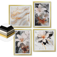 WANDBILDER 4er Set - 50x50 cm & 40x60 cm Goldrahmen - Blumen Marmor weiß schwarz - Goldfarben, Kunststoff (50/50cm) - ArtPrintCave