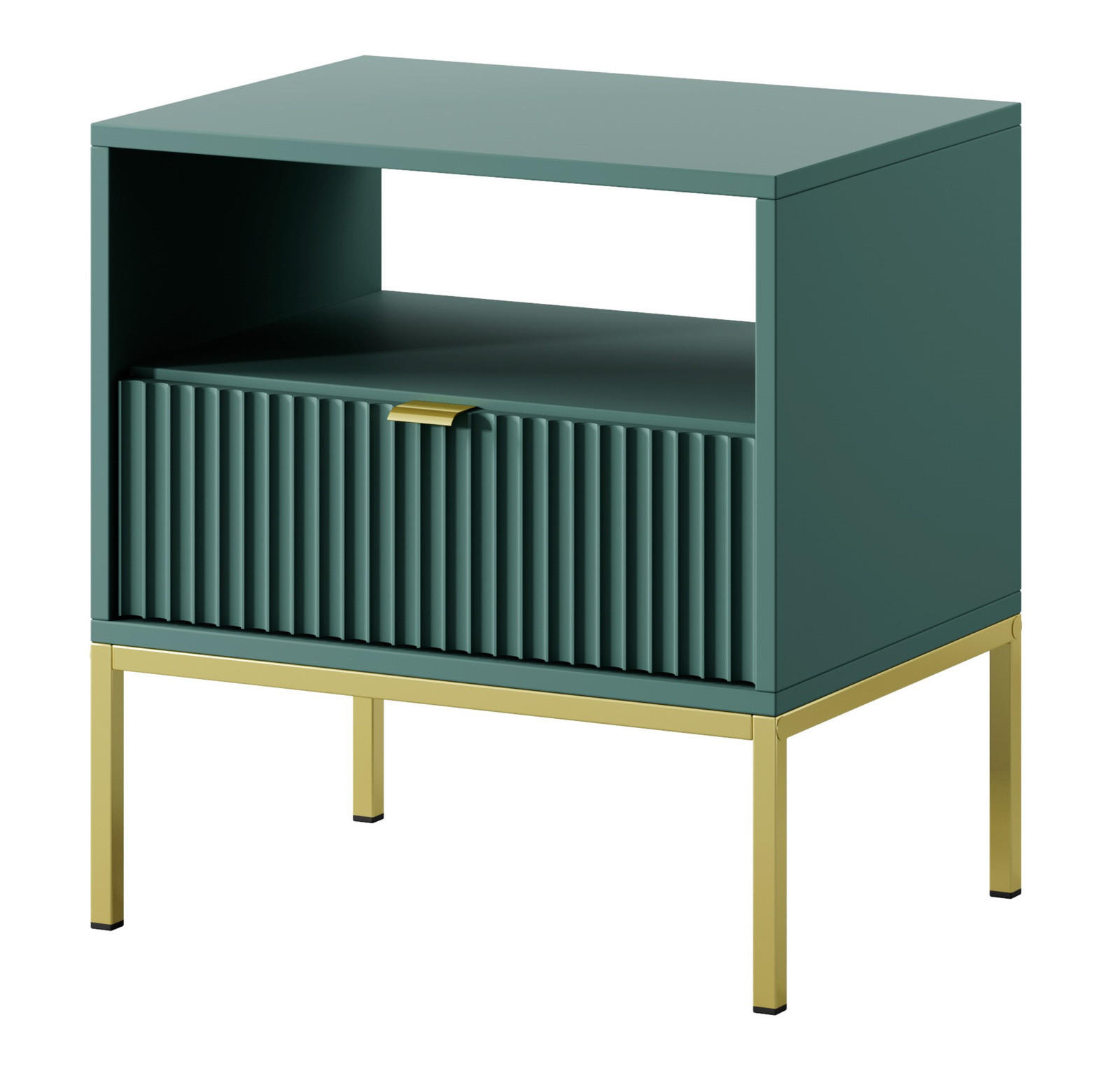 NACHTTISCH Kioto in Grün mit goldenen Beinen + goldener Griff mit geriffelter Front - Smaragdgrün/Goldfarben, Holzwerkstoff/Metall (54/56/39cm) - Ravio