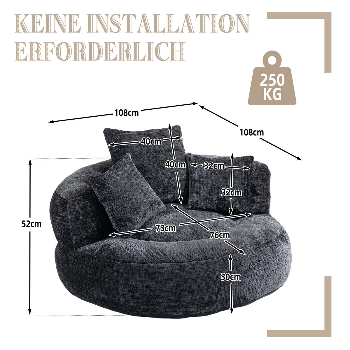 SITZSACK Chenille Schwarz mit Armlehnen - Schwarz, Textil (108/52/108cm) - WISHDOR