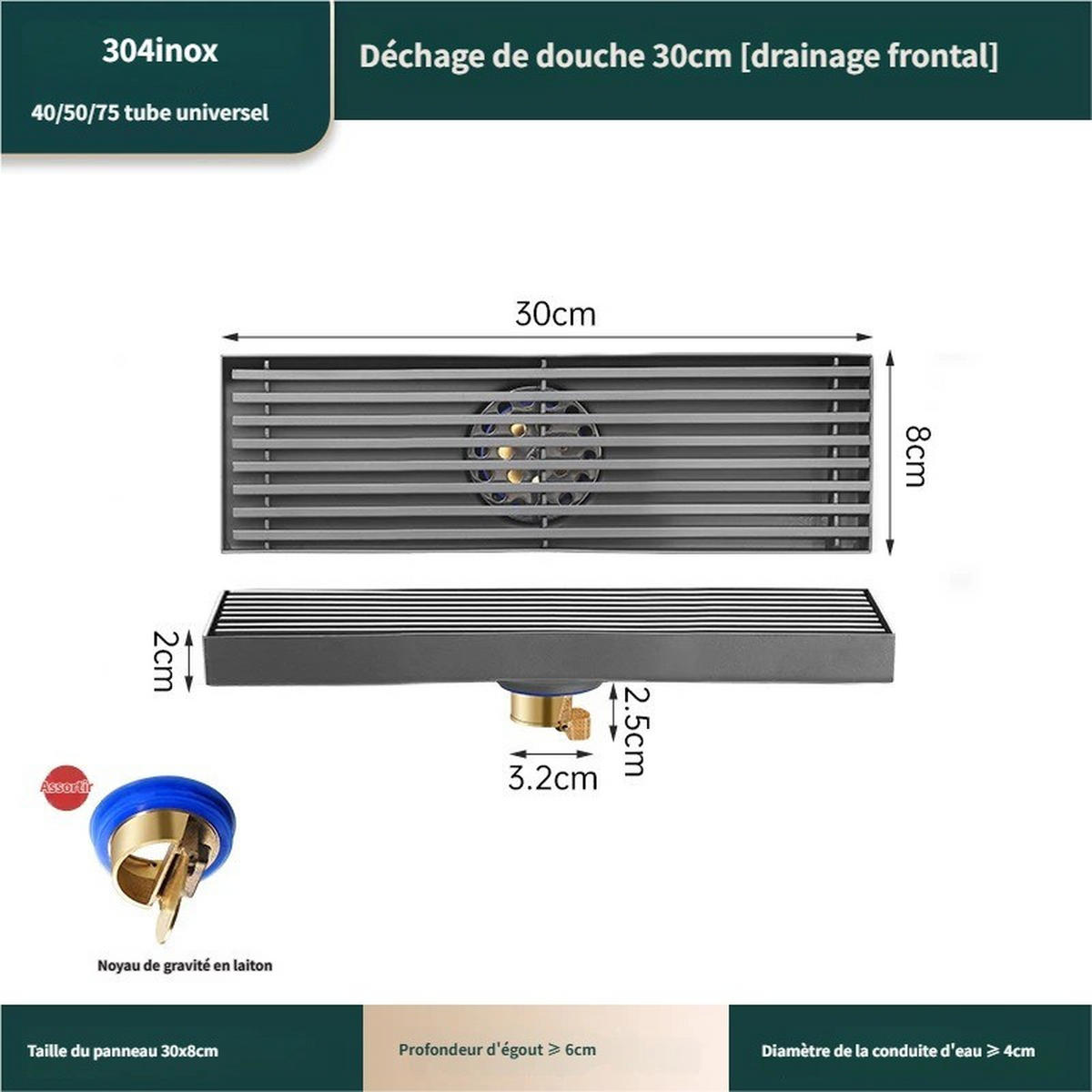 BODENABLAUF – 8 x 30 cm – Mittiger Ablauf - Grau, Metall (12.4/41/6.8cm)